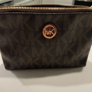 Michael Kors Saffiano Brown with gold hardware cosmetics bag